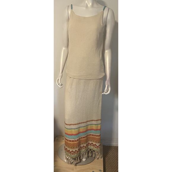 Double D Ranch Ivory Multi 2 Piece Set L Tank Maxi Skirt Embroidered Beaded - Picture 1 of 6